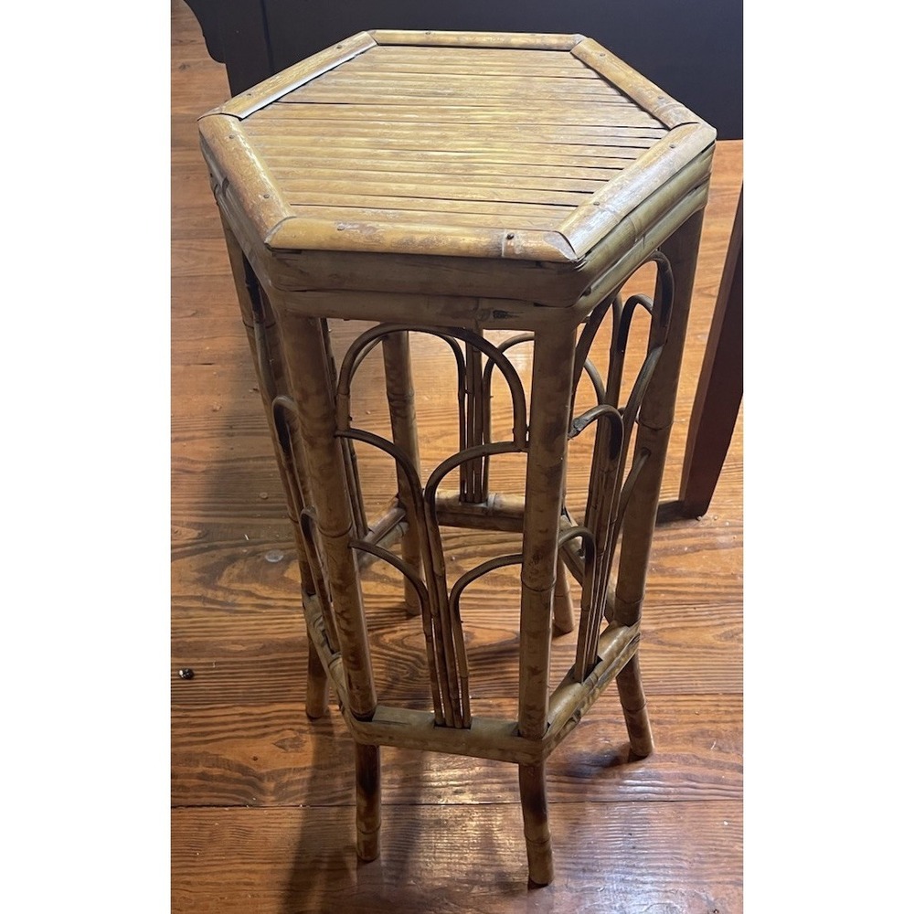 Vintage Hexagon Burnt Bamboo Stand Retro Plant Stand Small Table Boho MCM